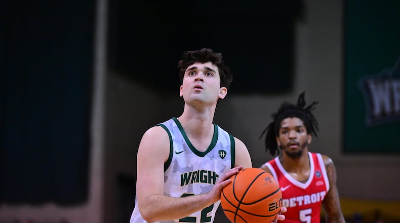 Wright State's Andrew Welage eyes a free throw during a game vs. Detroit Mercy at the Nutter Center on Jan. 25, 2025. Joe Craven/Wright State Athletics