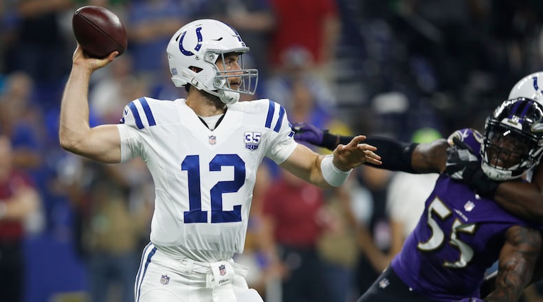 INDIANAPOLIS, IN - AUGUST 20: Andrew Luck #12 of the Indianapolis Colts throws a pass in the first quarter of a preseason game against the Baltimore Ravens at Lucas Oil Stadium on August 20, 2018 in Indianapolis, Indiana. (Photo by Joe Robbins/Getty Images)