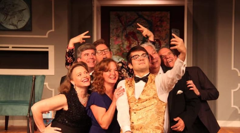Beavercreek Community Theatre's production of "It's Only a Play" features (top row) Brandon Shockney (Frank Finger), (middle row) Matt Lindsay (Peter Austin), Saul Caplan (Ira Drew), Jim Walker (James Wicker), (front row) Lynn Vanderpool (Virginia Noyes), Melissa Ertsgaard (Julia Budder), and Titus Unger (Gus P. Head). CONTRIBUTED