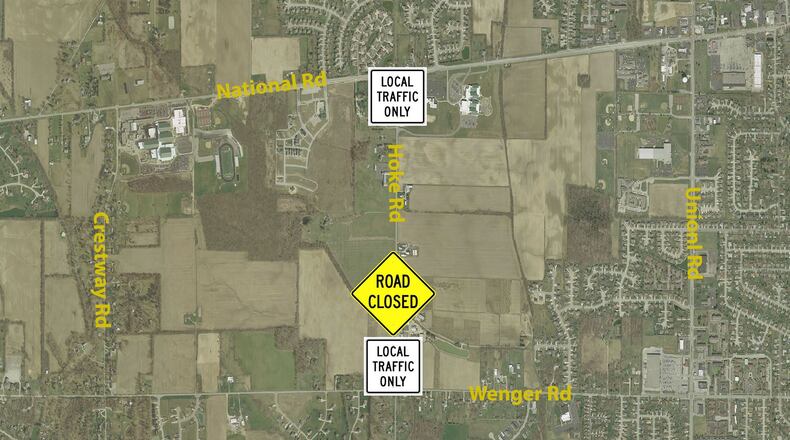 Hoke Road closed in Clayton between Wenger Road and National Road. CONTRIBUTED.