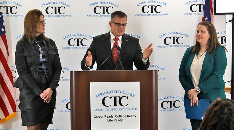 Ohio Department of Public Safety Director Andy Wilson speaks along with Springfield-Clark CTC Superintendent Michelle Patrick, left, and Emily Davidson, Executive Director of the Ohio Traffic Safety Office, during a press conference at the CTC announcing the Creating Opportunities for Driver Education Grants Tuesday, Jan. 23, 2024. BILL LACKEY/STAFF