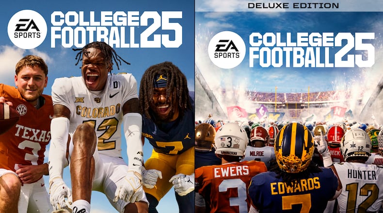 Donovan Edwards, Quinn Ewers & Travis Hunter star on the Standard and Deluxe Edition of College Football 25. (Graphic: Business Wire)