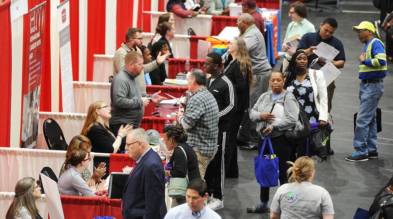 The Montgomery County Workforce Development Services hosted their Spring Job Fair on Thursday, April 27, 2023 at the University of Dayton Arena. Job seekers had the opportunity to meet with nearly 150 local employers and explore a variety of jobs. MARSHALL GORBY\STAFF