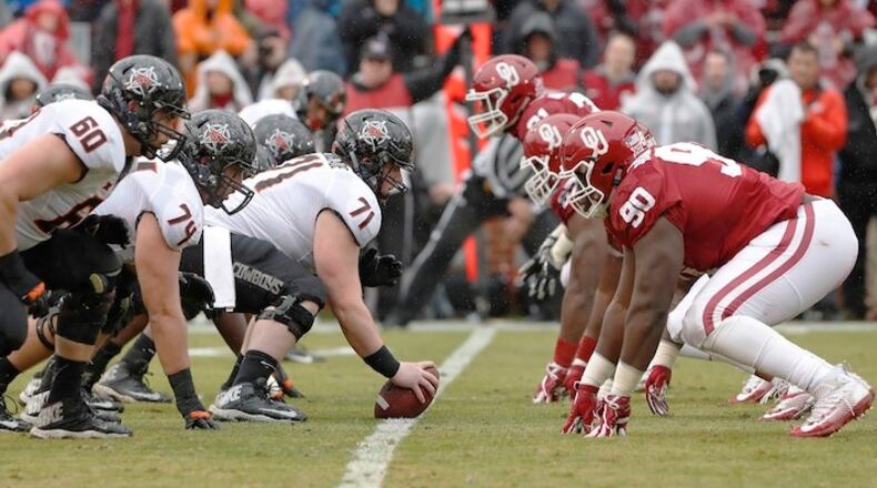 during the first half of an NCAA college football game, Saturday, Dec. 3, 2016, in Norman, Okla. (AP Photo/Alonzo Adams)