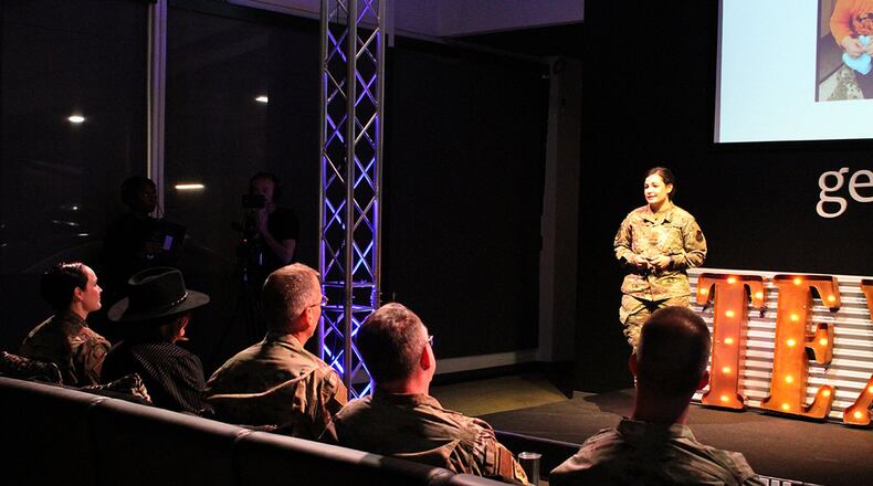 Maj. Jacque Vasta presents her idea for a child care app to senior leaders during the 2020 Air Force Installation and Mission Support Center Innovation Rodeo Feb. 7 in San Antonio. The app, called Kinderspot, would centralize and streamline the subletting of short-term slots at military child development centers. Vasta is the executive officer to the Air Force Materiel Command deputy commander at Wright-Patterson Air Force Base. (U.S. Air Force photo/Debbie Aragon)