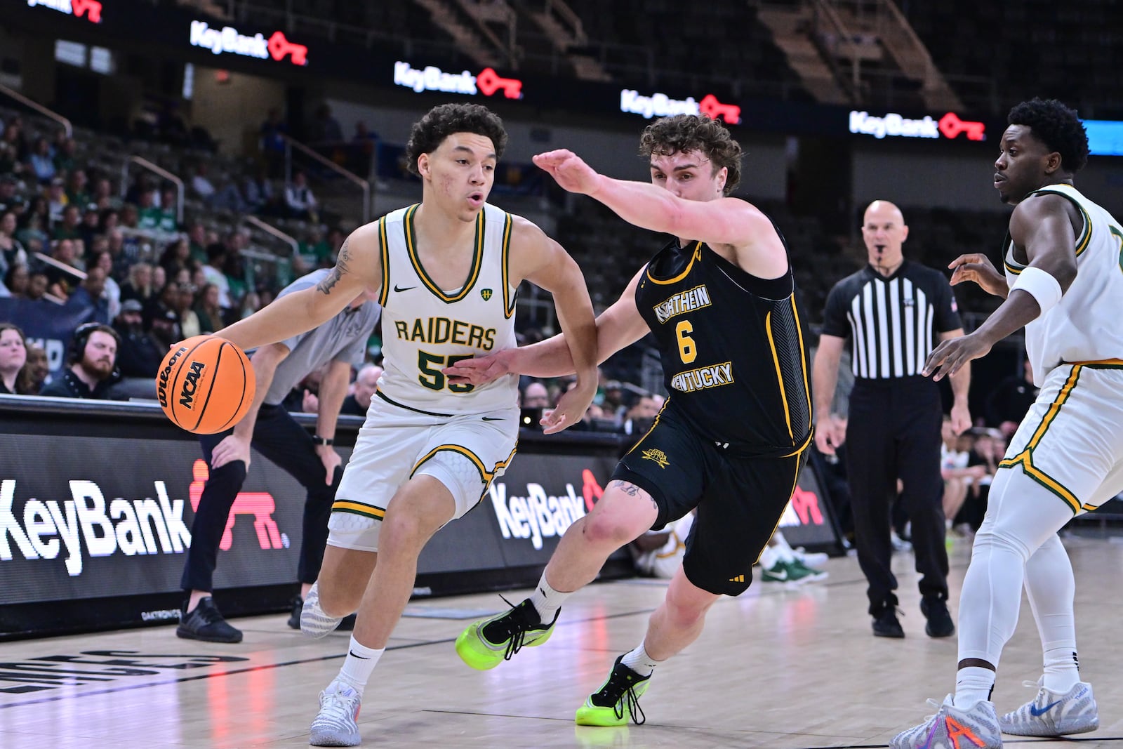 Wright State University's Michael Cooper drives the ball to the hoop during their Horizon League semifinal game against Northern Kentucky University on Monday, March 9, 2026 at Corteva Coliseum in Indianapolis. JOE CRAVEN / CONTRIBUTED PHOTO