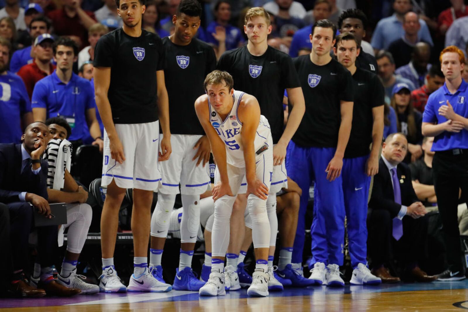 GREENVILLE, SC - MARCH 19: Luke Kennard #5 of the Duke Blue Devils reacts on the sideline in the second half against the South Carolina Gamecocks during the second round of the 2017 NCAA Men’s Basketball Tournament at Bon Secours Wellness Arena on March 19, 2017 in Greenville, South Carolina. (Photo by Kevin C. Cox/Getty Images)