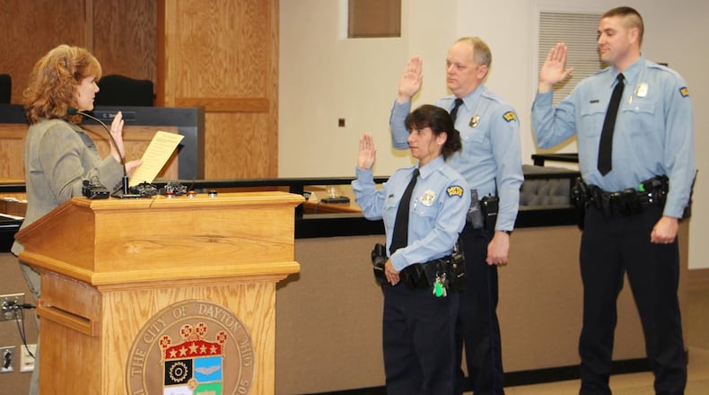 Joseph Setty, far right, is sworn in as a Dayton Police Department sergeant Feb. 25, 2016. CONTRIBUTED