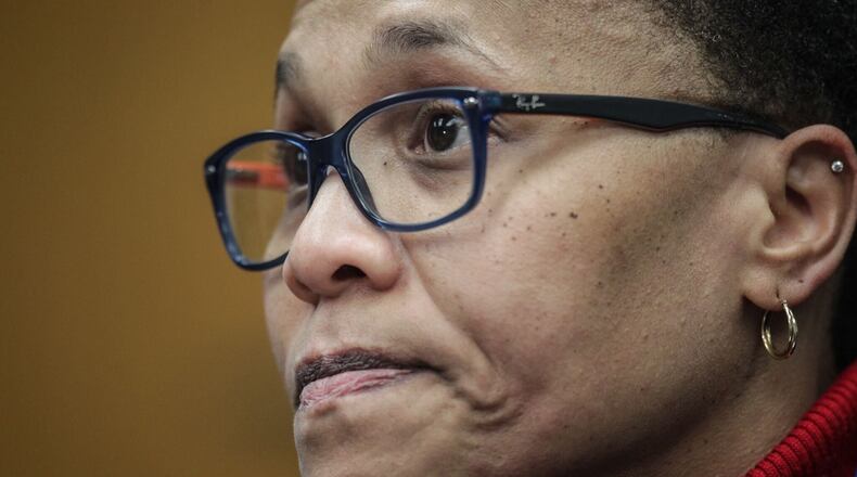Dayton police Sgt. Roberta Bailey of the domestic violence and intimate partner violence unit speaks during an Oct. 6, 2020, press conference at the Montgomery County Safety Building. JIM NOELKER/STAFF