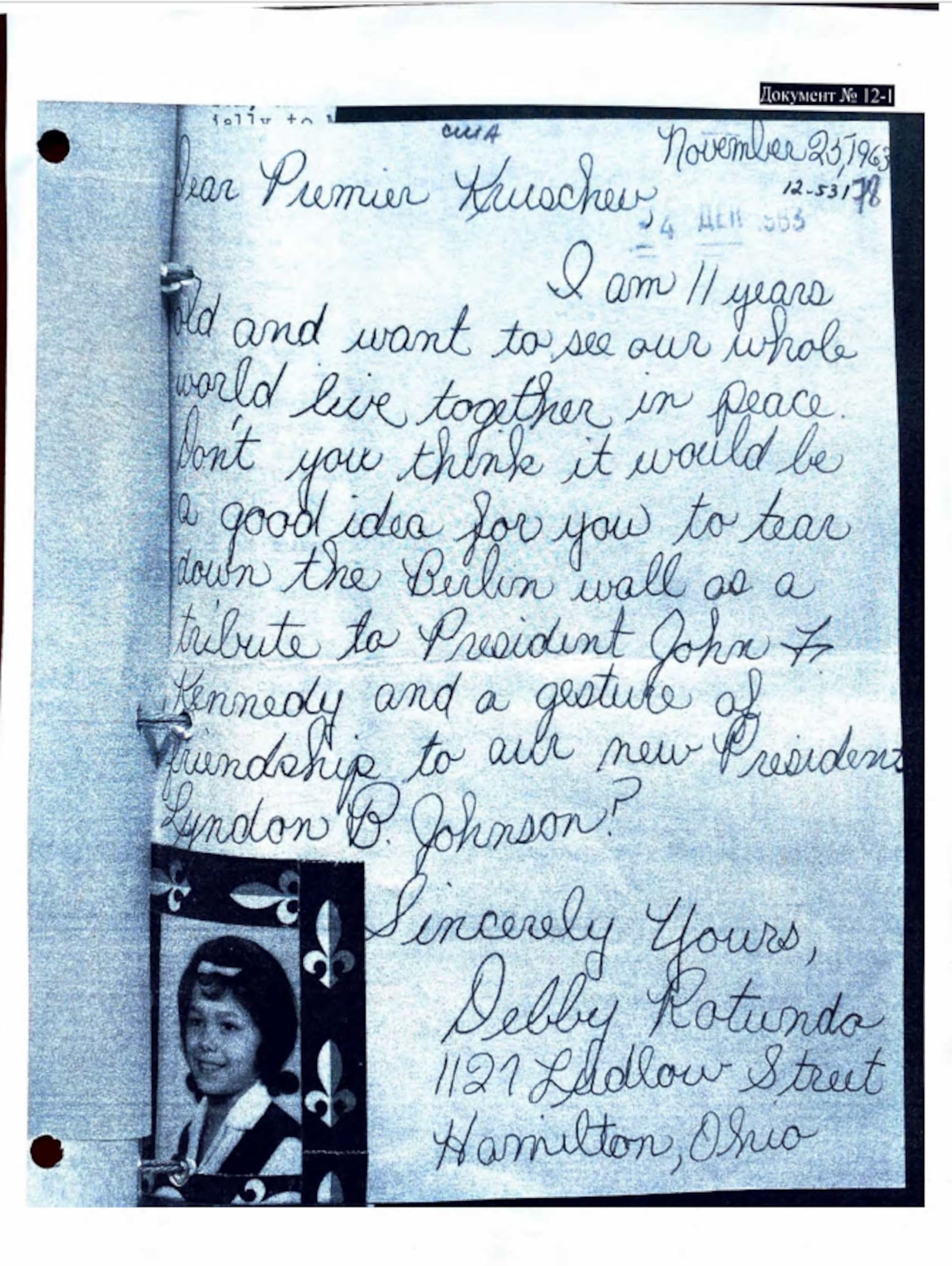 A Hamilton girl wrote Premier Nikita Khrushchev in 1963 following the assassination of President John F. Kennedy. Her letter was included in the former KGB's dossier on the JFK assassination. The dossier was released by the U.S. government on Oct. 15, 2025, after receiving it from the Russian government. SOURCE: JFK FILES