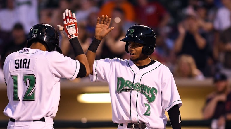 Dragons outfielder Jose Siri celebrates his home run with Gabriel Ovalle in Saturday’s loss to Lake County. Ovalle’s walk preceded Siri’s seventh-inning blast. NICK FALZERANO / CONTRIBUTED