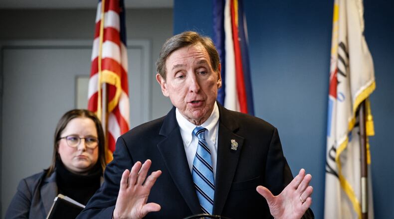Monterey County Prosecutor Mat Heck Jr. on Friday, Dec. 29, 2023, announces the indictment of a woman accused of attacking a Dayton Public Schools bus driver in front of children. On the left is Montgomery County assistant prosecuting attorney Whitney Crim. Jim Noelker/Staff