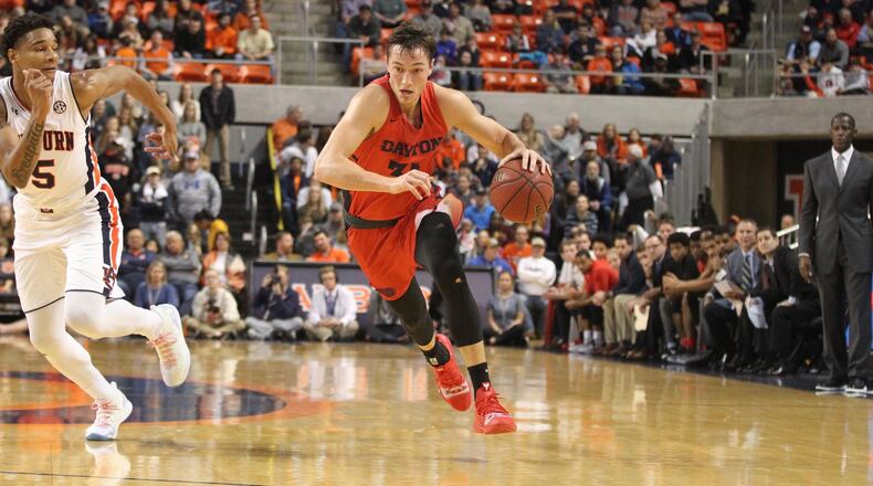 Dayton’s Ryan Mikesell dribbles against Auburn on Saturday, Dec. 8, 2018, at Auburn Arena in Auburn, Ala. David Jablonski/Staff