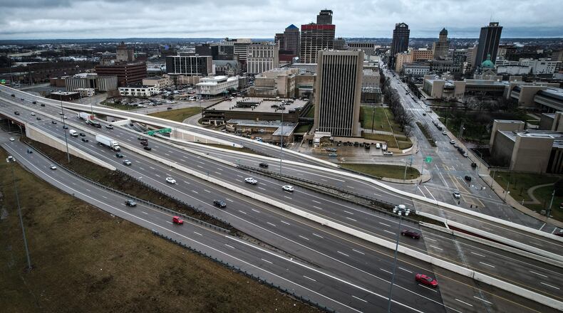 Interstate 75 cuts through the center of Dayton and has had the most distracted driving-related crashes in Ohio in 2022. 
Gov. Mike DeWine signed a bill Tuesday morning limiting the use of electronic devices while driving. JIM NOELKER/STAFF