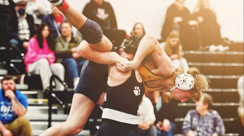 Franklin's Tucker Campbell competes in a match earlier this season. Campbell is one of five Franklin wrestlers to qualify for this year's state tournament. ROBERT HOGAN/CONTRIBUTED PHOTO