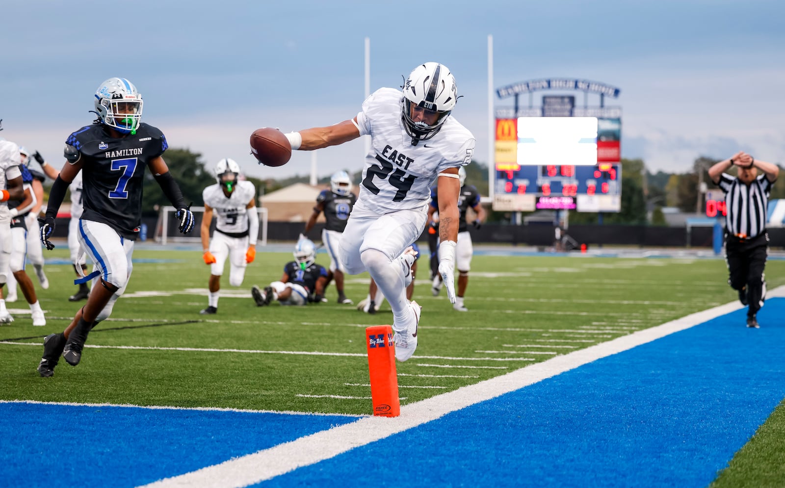 Lakota East's Ryder Hooks carries the ball during their football game Friday, Sept. 6, 2024 at Hamilton's Virgil M. Schwarm Stadium. Lakota East won 27-24 in overtime. NICK GRAHAM/STAFF