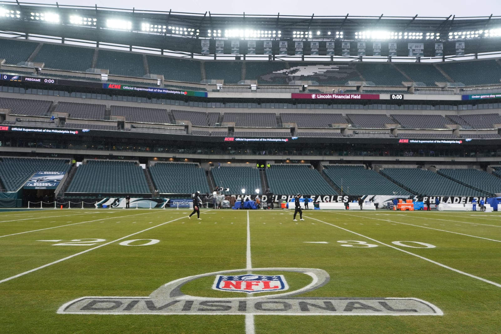FILE - The logo for the NFL football NFC divisional playoff game between the Philadelphia Eagles and the Los Angeles Rams is visible on the field on Sunday, Jan. 19, 2025, in Philadelphia. (AP Photo/Matt Slocum, file)