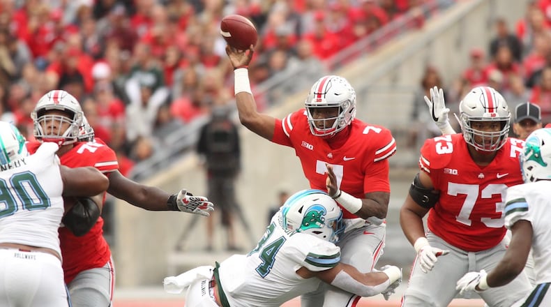 Ohio State’s Dwayne Haskins throws a pass against Tulane on Saturday, Sept. 22, 2018, at Ohio Stadium in Columbus. David Jablonski/Staff