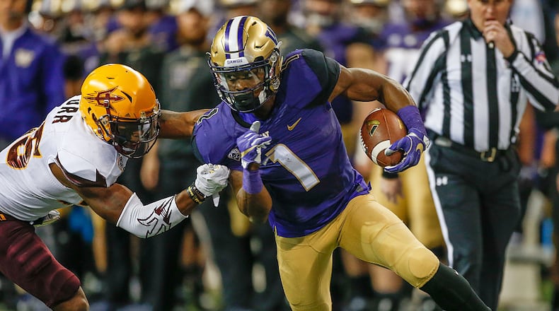 SEATTLE, WA - NOVEMBER 19: Wide receiver John Ross #1 of the Washington Huskies rushes against defensive back Kareem Orr #25 of the Arizona State Sun Devils on November 19, 2016 at Husky Stadium in Seattle, Washington. The Huskies defeated the Sun Devils 44-18. (Photo by Otto Greule Jr/Getty Images)