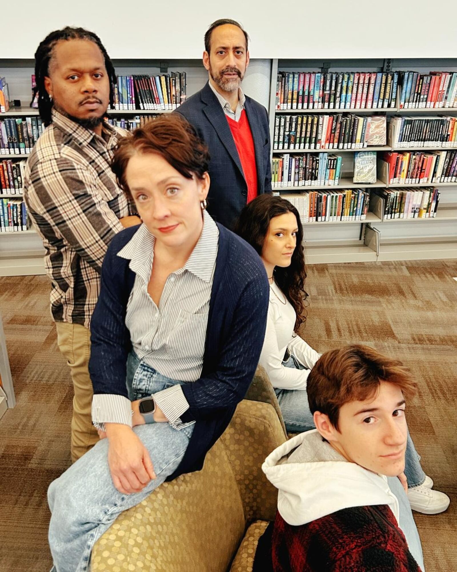 Clockwise from right: James Rana (Peyman), Kylie Flick (Shirin), Cooper Schairbaum (Declan), Kelly Mengelkoch (Manon) and Rico Romalus Parker (Bruce) in the Human Race Theatre Company's production of "A Distinct Society." Photo by Human Race Theatre Company
