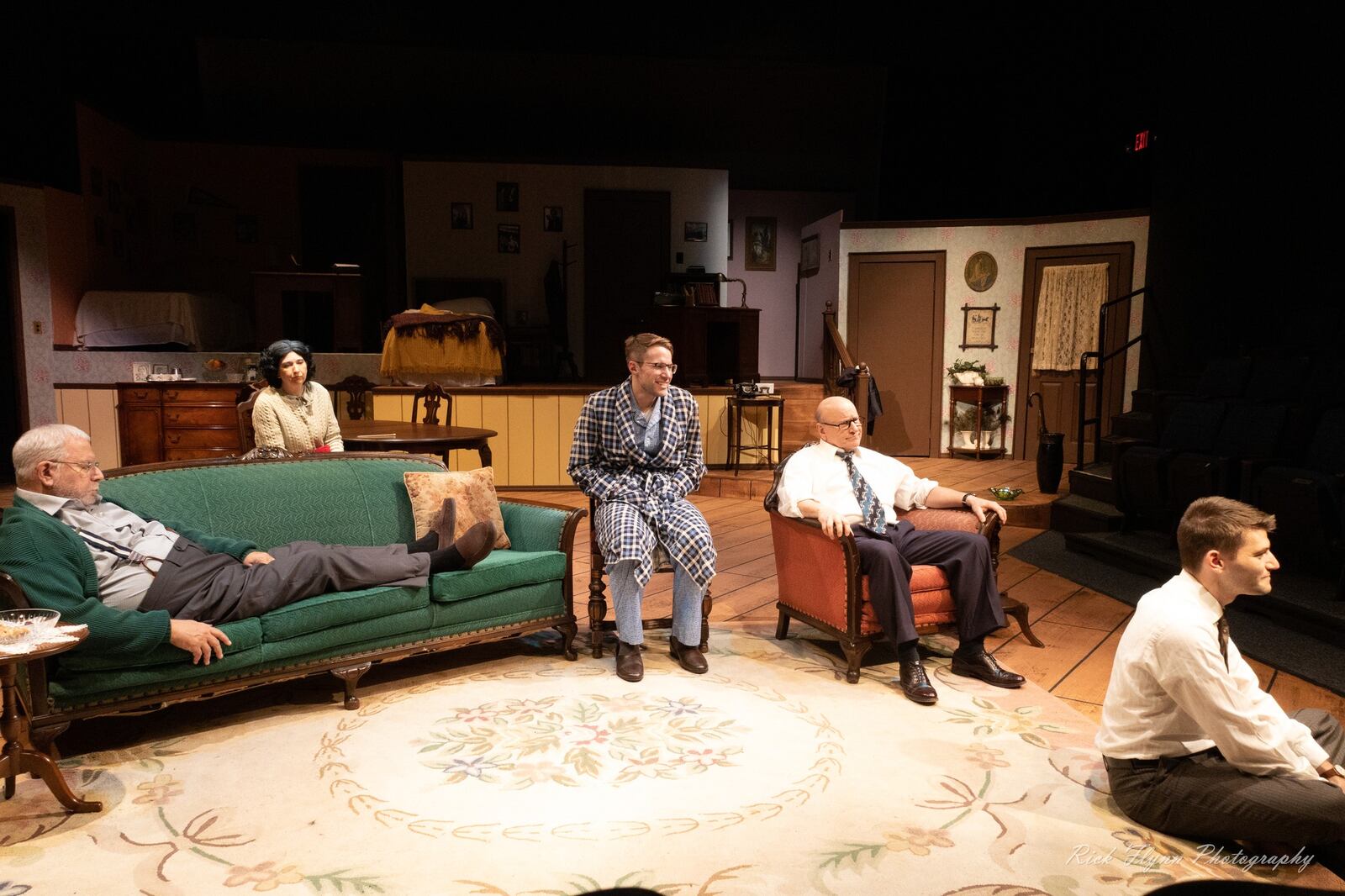 Left to right: Saul Caplan (Ben), Wendi Michael (Kate), Dustin Schwab (Eugene), K.L. Storer (Jack) and Michael Ferrarelli (Stan) in Dayton Theatre Guild's 2022 production of "Broadway Bound." PHOTO BY RICK FLYNN PHOTOGRAPHY