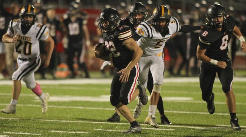 Jonathan Alder’s Garret Proxmire runs for a touchdown in the first half against Shawnee on Friday, Oct. 25, 2019, in Plain City. David Jablonski/Staff