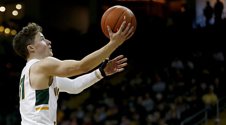 Wright State University guard Cole Gentry goes up for a basket against IUPUI during their Horizon League game at the Nutter Center in Fairborn Sunday, Feb. 16, 2020. Wright State won 106-66. Contributed photo by E.L. Hubbard