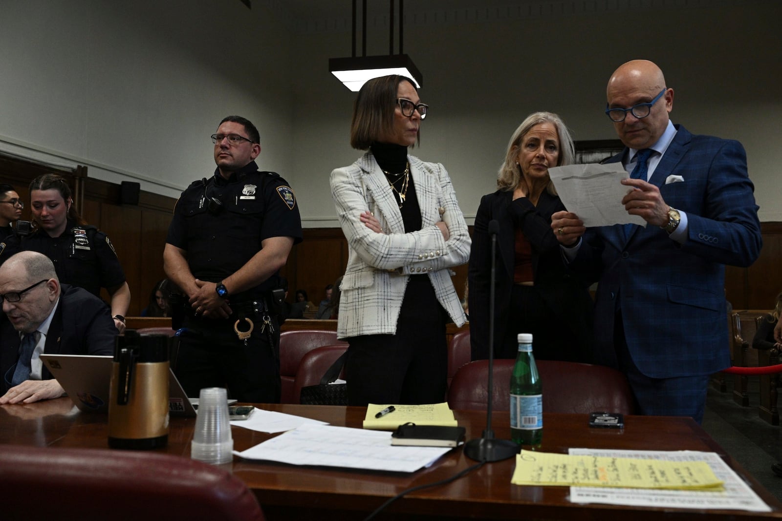 Harvey Weinstein appears in Manhattan Supreme Court on the second day of jury selection in the rape trial against him, in New York, Wednesday, April 16, 2025. (Curtis Means/Pool Photo via AP)