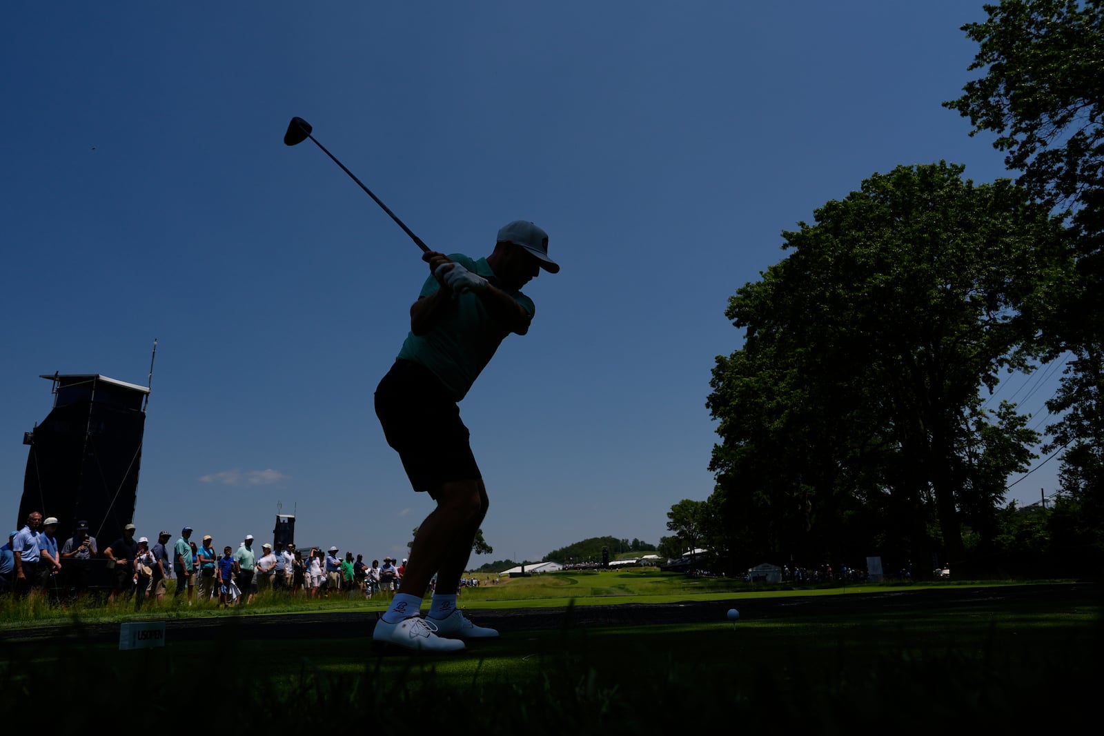 Alistair Docherty tees off on the second hole during a practice round ahead of the U.S. Open golf tournament at Oakmont Country Club Wednesday, June 11, 2025, in Oakmont, Pa. (AP Photo/Charlie Riedel)