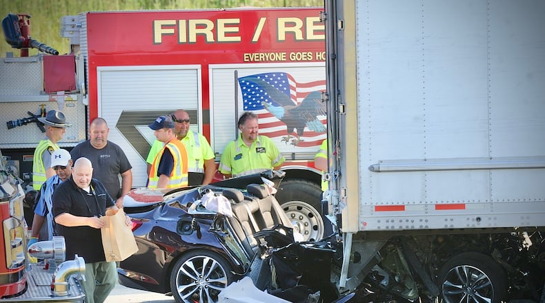 Two people died after a Chevrolet Malibu crashed into the back of a semi-truck on U.S. 35 east in Jamestown near state Route 72 Friday, July 15, 2022. MARSHALL GORBY / STAFF