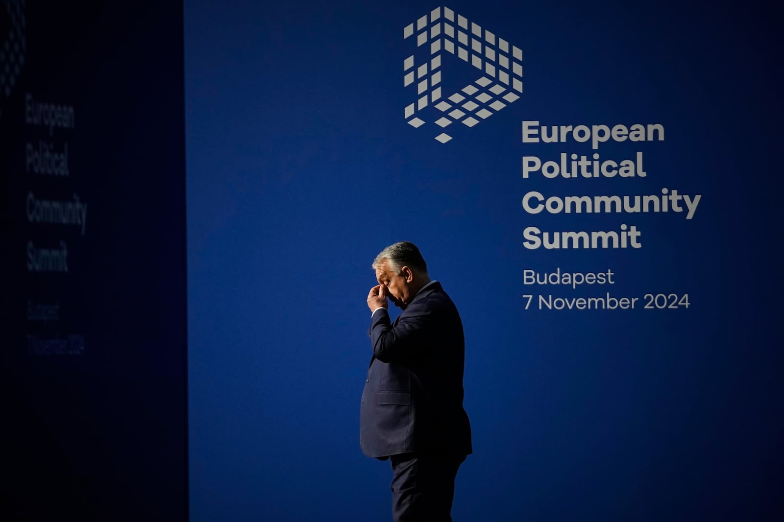 FILE - Hungary's Prime Minister Viktor Orban waits for the arrival of leaders for the European Political Community (EPC) Summit at the Puskas Arena in Budapest, Hungary, Thursday, Nov. 7, 2024. (AP Photo/Petr David Josek, File)