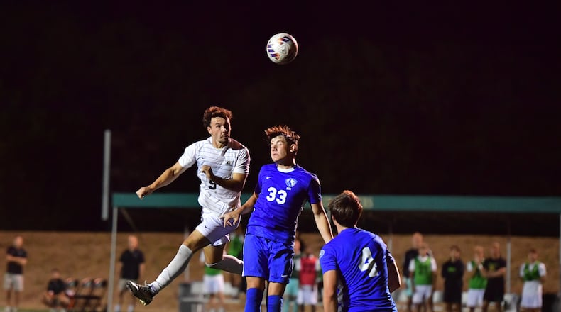 Wright State's Cole Werthmuller (9) tries to score on a header vs. Eastern Illinois earlier this eason. Werthmuller leads the Horizon League with seven goals this season. Joe Craven/Wright State Athletics