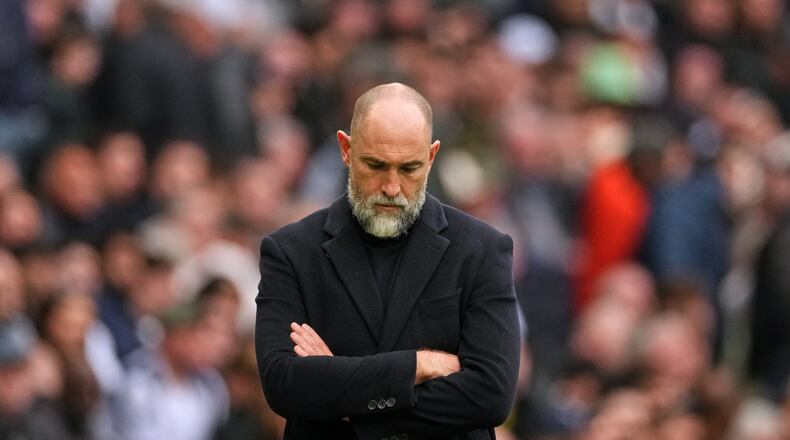 FILE - Tottenham's coach Igor Tudor reacts during the English Premier League soccer match between Tottenham Hotspur and Nottingham Forest in London, Sunday, March 22, 2026. (AP Photo/Dave Shopland, File)