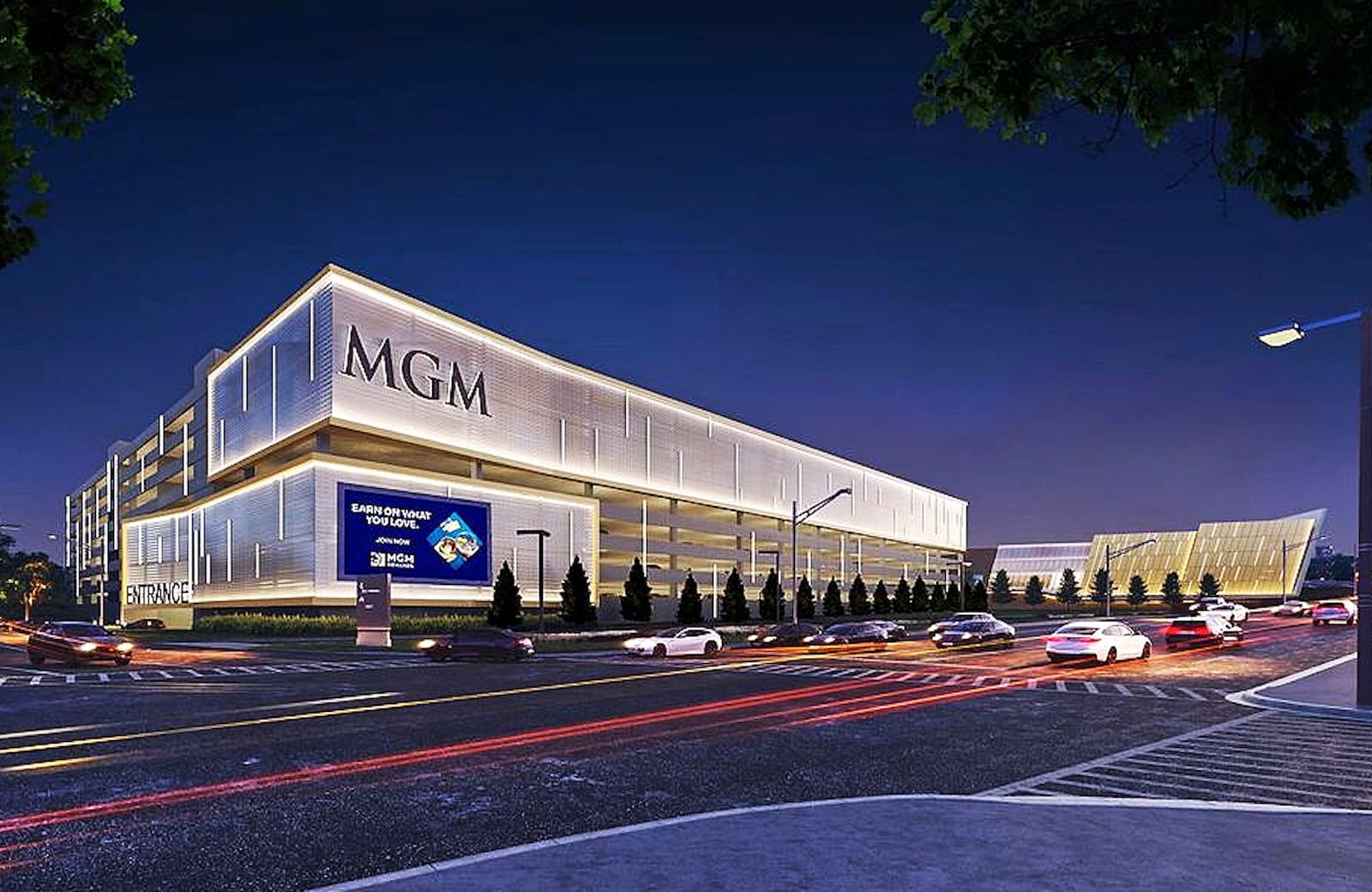 This image rendering, from MGM Resorts International, shows the MGM Resorts proposal of a $2.3-billion expansion of the Empire City Casino at Yonkers Raceway, in Yonkers, NY. (Resorts World New York City/Perkins Eastman via AP)