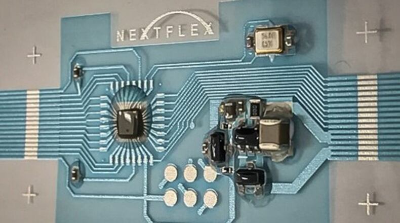 An Air Force Research Laboratory-led project in conjunction with NextFlex, America’s Flexible Hybrid Electronics Institute, has led to the development of a new, flexible Arduino circuit board system that takes advantage of flexible hybrid electronics manufacturing processes. (Courtesy photo/NextFlex)