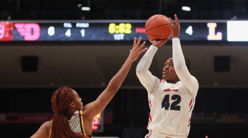 Dayton's Jayla Scaife shoots against Lipscomb on Tuesday, Nov. 5, 2019, at UD Arena. David Jablonski/Staff