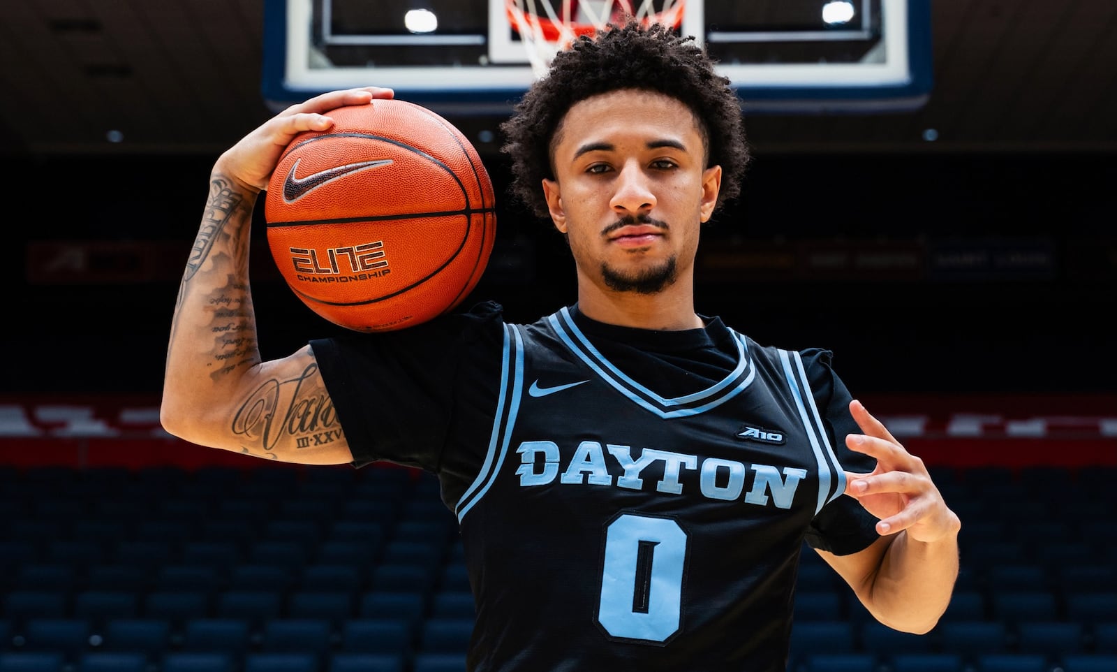 Dayton's Javon Bennett models the new black uniforms the Flyers will wear for the first time on Jan. 16, 2026, against Loyola Chicago at UD Arena. Photo courtesy of UD