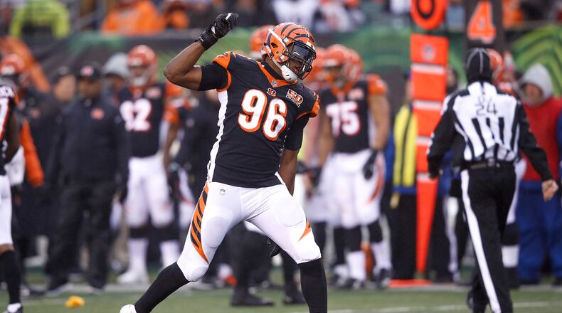 The Bengals’ Carlos Dunlap celebrates a sack. Photo by Joe Robbins/Getty Images