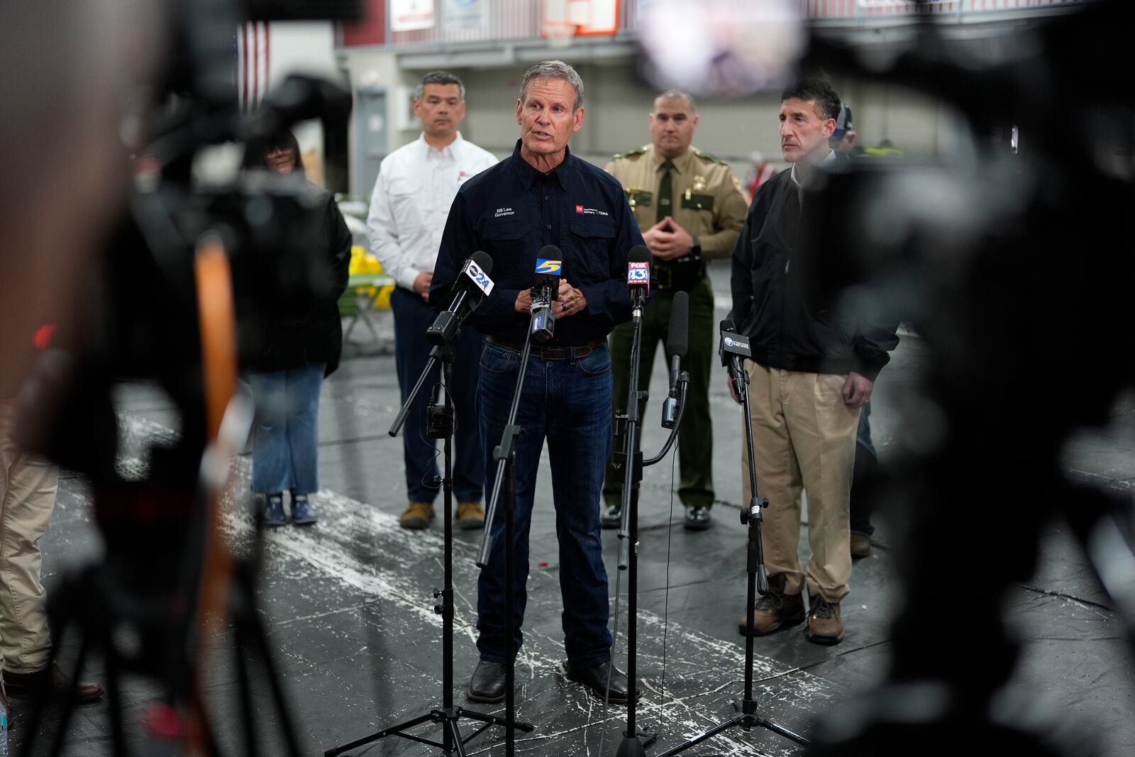 Gov. Bill Lee speaks about the storm damage during a news conference Thursday, April 3, 2025, in Selmer, Tenn. (AP Photo/George Walker IV)