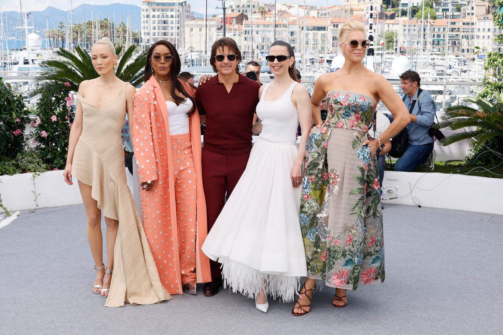 Pom Klementieff, from left, Angela Bassett, Tom Cruise, Hayley Atwell, and Hannah Waddingham pose for photographers during the photo call for the film 'Mission: Impossible – The Final Reckoning' at the 78th international film festival, Cannes, southern France, Wednesday, May 14, 2025. (Photo by Joel C Ryan/Invision/AP)