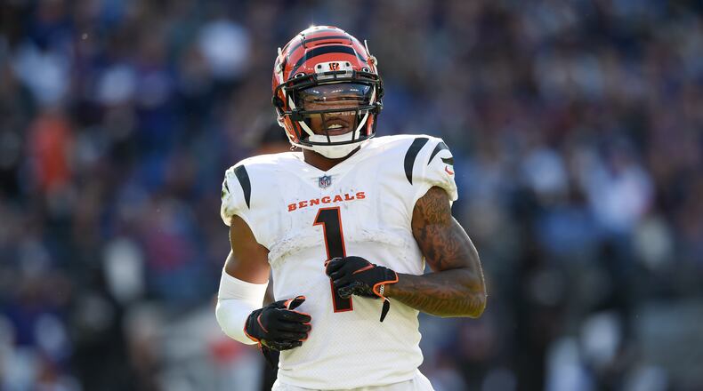 Cincinnati Bengals wide receiver Ja'Marr Chase lines up against the Baltimore Ravens during the second half of an NFL football game, Sunday, Oct. 24, 2021, in Baltimore. (AP Photo/Gail Burton)