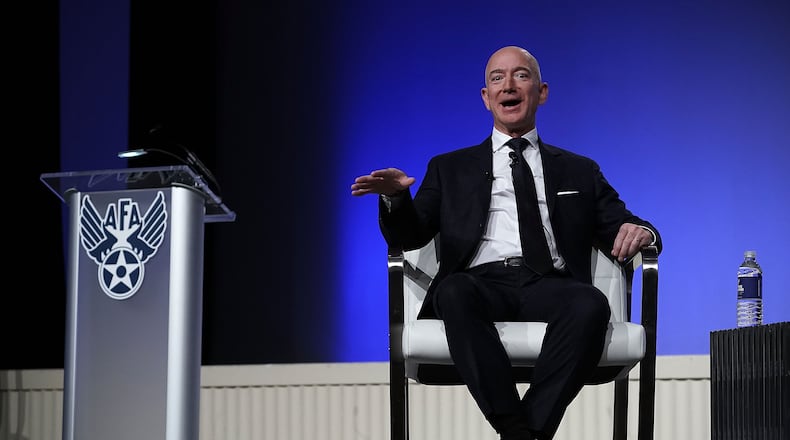 NATIONAL HARBOR, MD - SEPTEMBER 19: Amazon CEO Jeff Bezos, founder of space venture Blue Origin and owner of The Washington Post, participates in an event hosted by the Air Force Association September 19, 2018 in National Harbor, Maryland. Bezos talked about innovating in large organizations as well as staying on the cutting edge in the space industry. (Photo by Alex Wong/Getty Images)