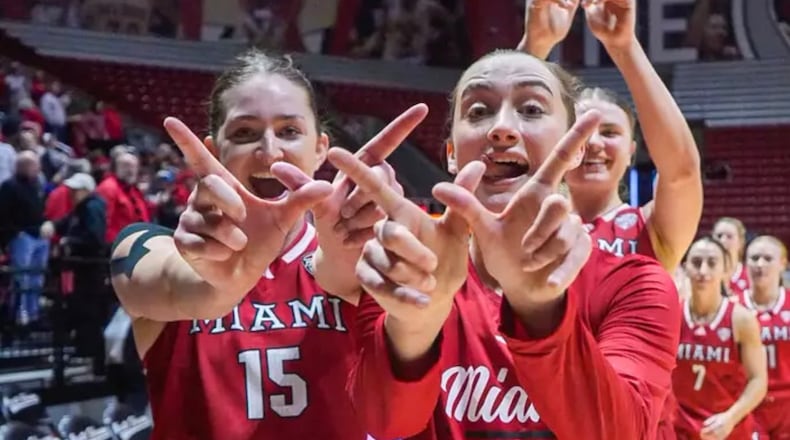 Miami’s Amber Tretter (left) and Núria Jurjo celebrate after beating Ball State on Saturday in Muncie, Indiana. MIAMI ATHLETICS PHOTO