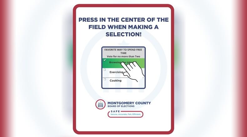 The Montgomery County Board of Elections posted this sign at the county's early voting center, on the board Facebook site and will post it at polling places to show people how to vote on touchscreen voting machines.
