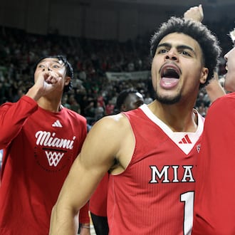 Miami (Ohio) guard Trey Perry reacts after defeating Ohio in an NCAA college basketball game, Friday, March 6, 2026, in Athens, Ohio. (AP Photo/HG Biggs)