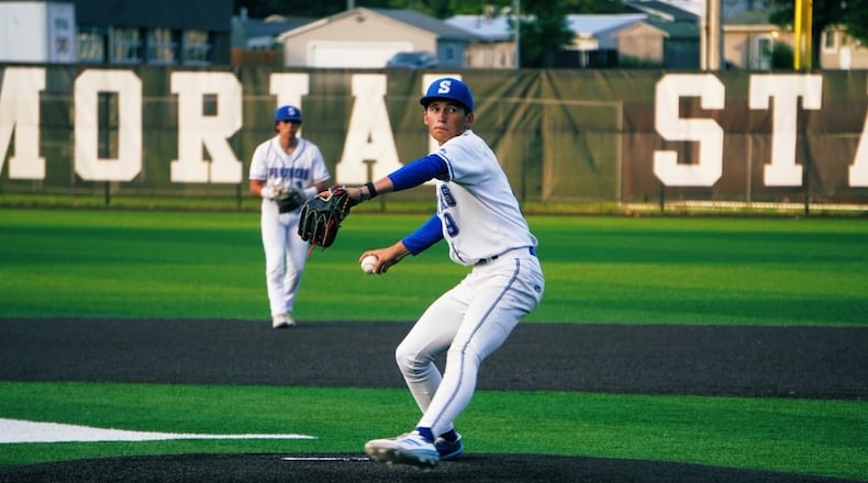 Springboro's Colten Muhlenkamp prepares to send a pitch to the plate during his Division I state semifinal game against Perrysburg on Saturday at Thurman Munson Memorial Stadium. CHRIS VOGT / CONTRIBUTED