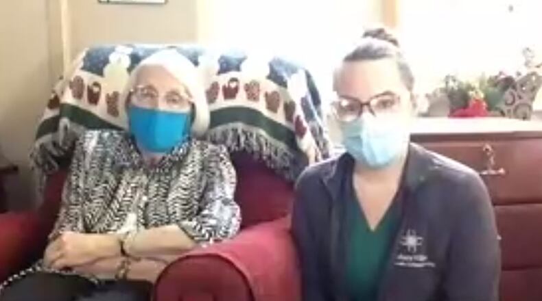 Karyl Junkala, a resident at Bethany Village in Centerville, received the coronavirus vaccine on Monday, Dec. 21, 2020, during Gov. Mike DeWine's pandemic press conference.