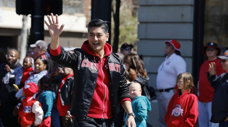 Cincinnati mayor Aftab Pureval greets the crowd during the Findlay Market Opening Day Parade Thursday, March 30, 2023 in Cincinnati. NICK GRAHAM/STAFF
