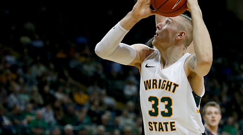 Wright State University center Loudon Love gets the basket against IUPUI during their Horizon League game at the Nutter Center in Fairborn Sunday, Feb. 16, 2020. Wright State won 106-66. Contributed photo by E.L. Hubbard