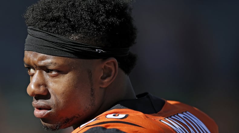 CINCINNATI, OH - NOVEMBER 26: Joe Mixon #28 of the Cincinnati Bengals looks on before a game against the Cleveland Browns at Paul Brown Stadium on November 26, 2017 in Cincinnati, Ohio. (Photo by Joe Robbins/Getty Images)